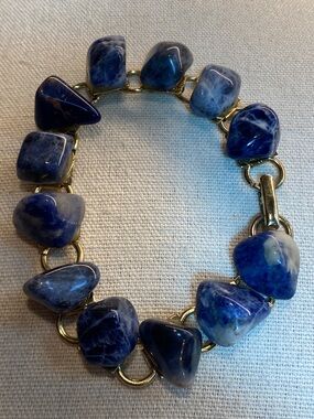 Vintage Blue Stone Link Bracelet Gold Tone – Sodalite Look Statement 8”